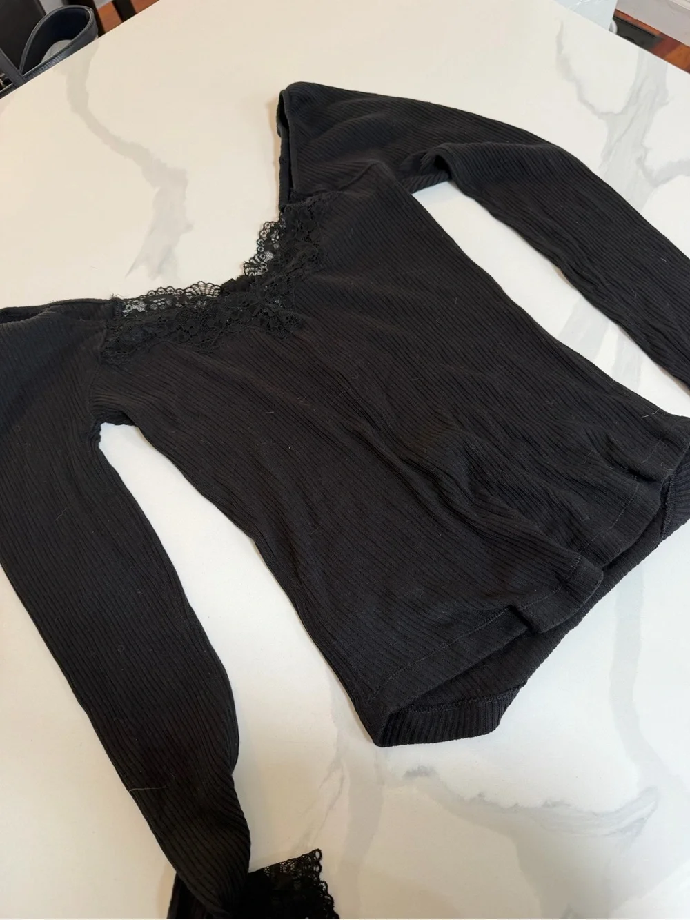 Free People Black Ribbed Lace-Trim Henley Top